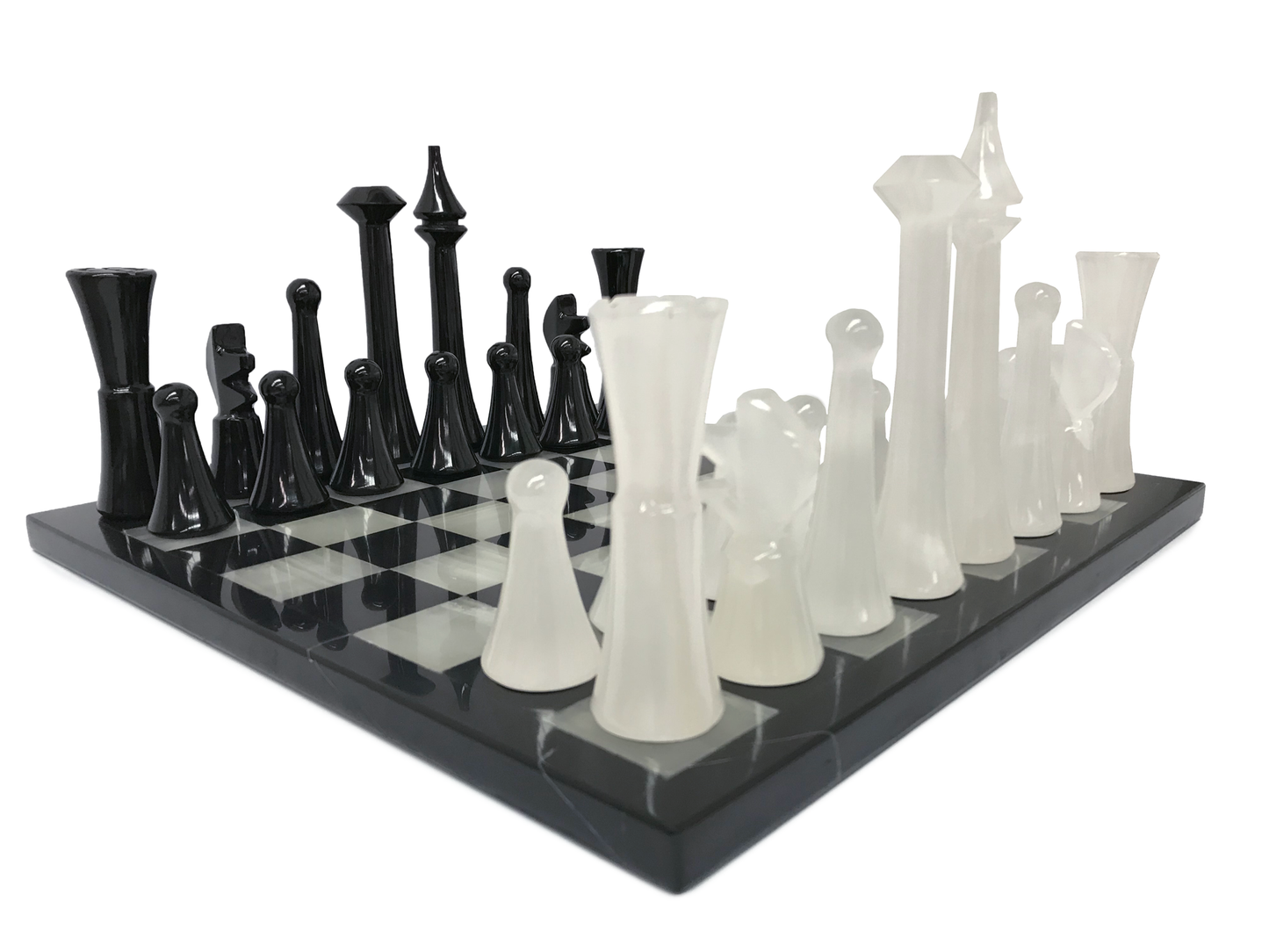 Elegante Juego de Ajedrez de Mármol Natural Negro y Ónix Blanco de 44 cm x 44 cm